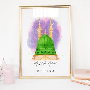 May include: A watercolor illustration of the Masjid an Nabawi mosque in Medina, Saudi Arabia. The mosque has a green dome and two minarets. The background is a purple watercolor wash with gold stars.