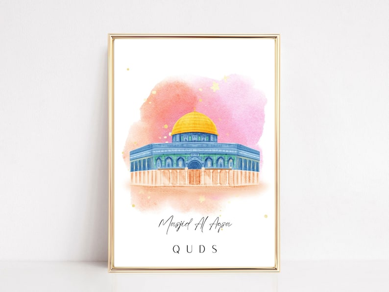 May include: A watercolor painting of the Dome of the Rock mosque in Jerusalem. The mosque is depicted in blue and gold with a pink and white watercolor background. The text "Masjid Al Aqsa" and "Quds" is written below the mosque.