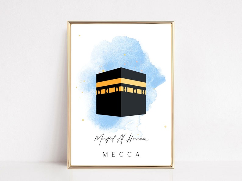 May include: A digital illustration of the Kaaba in Mecca, Saudi Arabia. The Kaaba is a cube-shaped building that is the holiest site in Islam. The illustration is set against a blue watercolor background with gold accents.