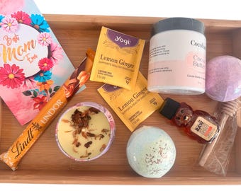 Mother's Day Gift, Gift for Mom! Bamboo tray with assorted goodies, body cream, candle, bath bombs, teddy bear honey, chocolate, tea kit