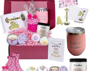 Beauty Basket Gift for women, mom, wife anniversary, present for a friend.  Cocoa Body Cream, bath bombs, socks, face roller and gua sha.