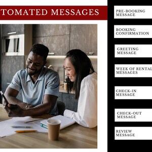 May include: A couple sits at a table in a kitchen, looking at a smartphone. The man is wearing a blue shirt and the woman is wearing a white shirt. The text "AUTOMATED MESSAGES" is at the top of the image. Below the image are eight buttons with the text "PRE-BOOKING MESSAGE", "BOOKING CONFIRMATION", "GREETING MESSAGE", "WEEK OF RENTAL MESSAGES", "CHECK-IN MESSAGE", "CHECK-OUT MESSAGE", "REVIEW MESSAGE", and each button has a yellow envelope icon.