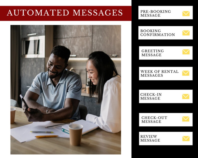 May include: A couple sits at a table in a kitchen, looking at a smartphone. The man is wearing a blue shirt and the woman is wearing a white shirt. The text "AUTOMATED MESSAGES" is at the top of the image. Below the image are eight buttons with the text "PRE-BOOKING MESSAGE", "BOOKING CONFIRMATION", "GREETING MESSAGE", "WEEK OF RENTAL MESSAGES", "CHECK-IN MESSAGE", "CHECK-OUT MESSAGE", "REVIEW MESSAGE", and each button has a yellow envelope icon.