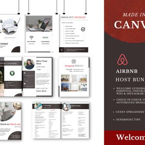 May include: A red and black graphic with the text "Made in Canva" and the Airbnb logo. The graphic also includes the text "Airbnb Host Bundle" and a list of resources for Airbnb hosts, including a welcome guidebook, essential checklists, WiFi and Instagram signs, check-in/check-out and automated messages, a guest spreadsheet, and superhost tips.