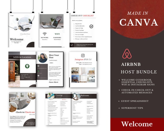Airbnb Starter Bundle | Welcome Guide Template in Canva | Guest Tracking Spreadsheet | Editable Templates | Guestbook | Printable Signs