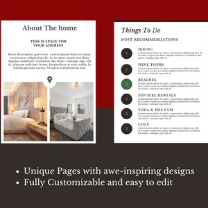 May include: A graphic design template for a home rental listing. The template features a photo of a bedroom with a bed, nightstand, and lamp. The text "About The Home" and "Things To Do" is displayed on the template. The template also includes a list of activities to do in the area, such as hiking, wine tours, beaches, and yoga.