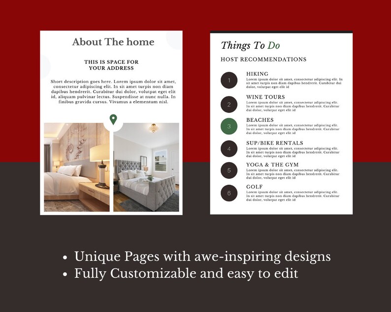 May include: A graphic design template for a home rental listing. The template features a photo of a bedroom with a bed, nightstand, and lamp. The text "About The Home" and "Things To Do" is displayed on the template. The template also includes a list of activities to do in the area, such as hiking, wine tours, beaches, and yoga.
