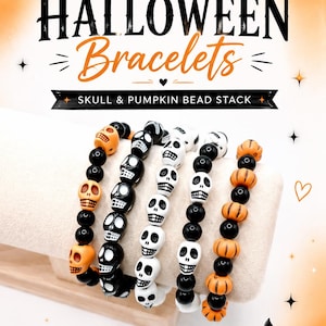 May include: Five stretch bracelets featuring Halloween-themed beads. The bracelets include orange and black skull beads, white and black skull beads, and orange pumpkin beads interspersed with small, round, glossy black beads.