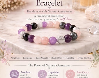Calming Bracelet Peaceful Energy | Amethyst Black Onyx Rose Quartz Lepidolite Howlite Hematite Bracelet | Gemstone Jewelry Harmony Bracelet