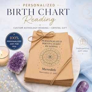 May include: A stack of tan paper cards tied with twine, featuring the text Personalized Birth Chart Reading, Meredith, and November 17, 1987, alongside a circular zodiac diagram. Includes a purple amethyst crystal cluster and a smooth purple stone.