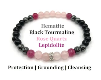 Black Tourmaline Hematite Rose Quartz Lepidolite Bracelet Protection Crystals Cleansing Gemstone Bracelet Grounding & Calm Gift for Healing