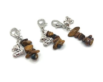 Tiger Eye Keychain Necklace Natural Stone Tiger Eye Zipper Pull Crystal Pendant Protection Amulet Healing Birthday Gift Friend Bear Pendant