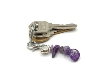 Amethyst Keychain Necklace Natural Stone Amethyst Zipper Pull Crystal Irregular Pendant Amulet Healing Birthday Gift Little Bell Pendant