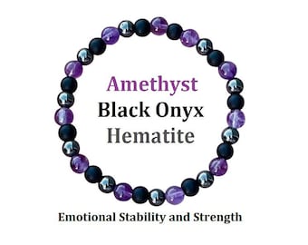 Spiritual Protection Gemstone Set Amethyst Black Onyx Hematite Bracelet Energy Stones for Empaths Aura Cleansing Handmade Jewelry