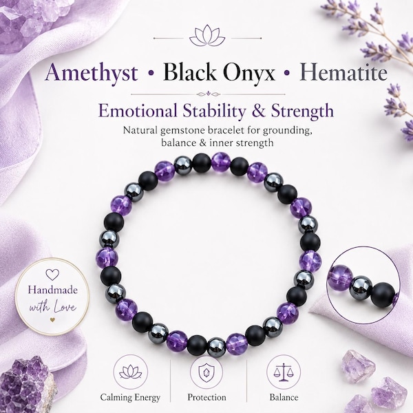 Spiritueller Schutz Edelstein Armband Amethyst Schwarz Onyx Hämatit Armband Energie Steine für Empathen Aura Reinigung Handmade Schmuck