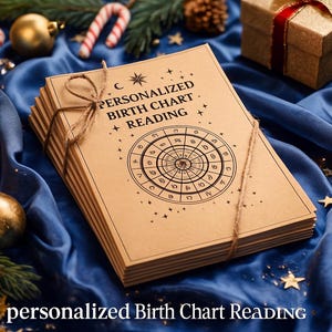 May include: A stack of personalized birth chart readings tied with twine. The cover features the text "PERSONALIZED BIRTH CHART READING" and a circular zodiac design. The background is a dark blue satin fabric with gold accents and holiday decorations.