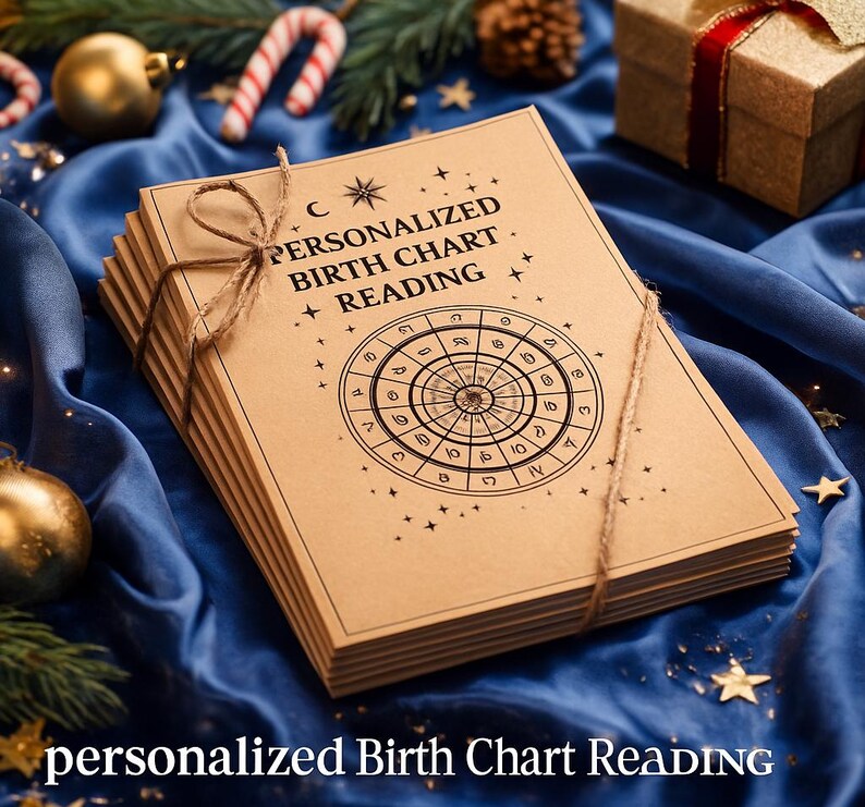 May include: A stack of personalized birth chart readings tied with twine. The cover features the text "PERSONALIZED BIRTH CHART READING" and a circular zodiac design. The background is a dark blue satin fabric with gold accents and holiday decorations.