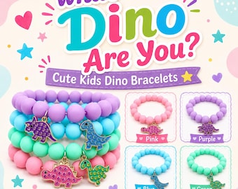 May include: A stack of four colourful silicone bead bracelets featuring dangling dinosaur charms with rhinestone accents. The image includes the text What Dino Are You? Cute Kids Dino Bracelets, along with individual examples labelled Pink, Purple, Blue, and Green.