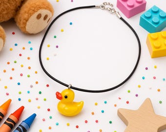 Kids Duck Necklace – Cute Yellow Duck Pendant on Adjustable Black Cord, Animal Lover Gift for Girls & Boys Age 3+ Rubber Ducky Charm Jewelry