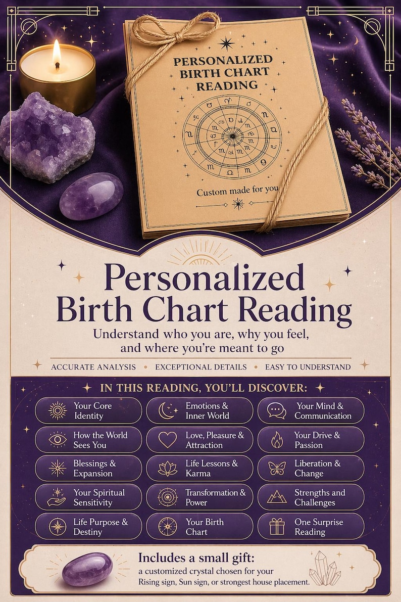 May include: A promotional image for a personalized birth chart reading. The image features a book with a zodiac wheel design, crystals, a candle, and text that reads "Personalized Birth Chart Reading". The image is purple and gold.