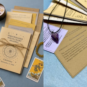 May include: A collection of spiritual items including a personalized birth chart reading, tarot cards, a candle, and a necklace with an amethyst pendant. The birth chart is tied with twine and includes the name "Christina" and the date "November 17, 1988".