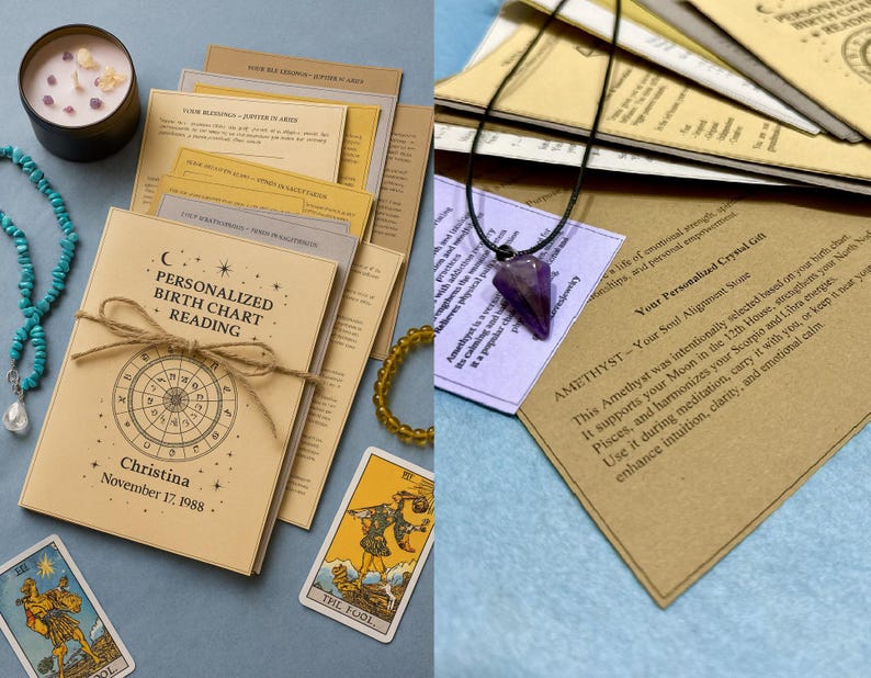 May include: A collection of spiritual items including a personalized birth chart reading, tarot cards, a candle, and a necklace with an amethyst pendant. The birth chart is tied with twine and includes the name "Christina" and the date "November 17, 1988".
