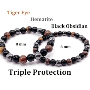 Triple Protection Bracelet Tiger Eye Black Obsidian Hematite Bracelet Power Protection Balance Protection Crystals Gemstone Bracelet