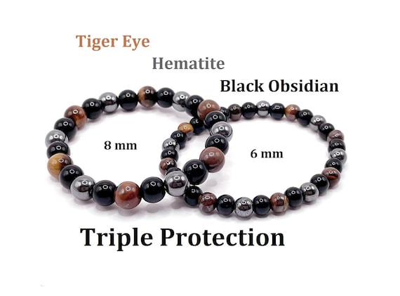 Bracciale In Pietra Naturale, Occhio Di Tigre, Ossidiana Nera, Labradorite, Tripla Protezione, Gioielli Da Uomo, Litoterapia, Semiprezioso - Italia