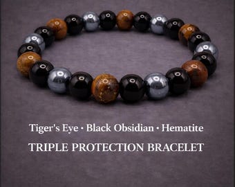 Triple Protection Bracelet with Tiger Eye, Hematite, and Black Obsidian | Natural Stone Balance Energy Bracelet