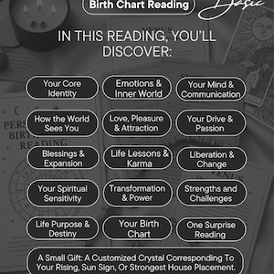 May include: An image promoting a birth chart reading service. The image features a candle, tarot cards, and text outlining what the reading covers, including core identity, emotions, love, and life lessons. The text is in a clean, modern font.