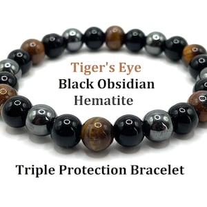 Triple Protection Bracelet with Tiger Eye, Hematite, and Black Obsidian | Natural Stone Balance Energy Bracelet