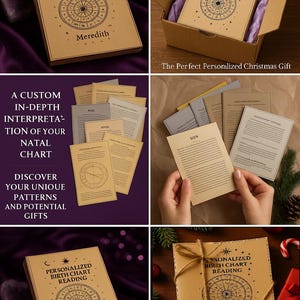 May include: A personalized birth chart reading in a kraft paper box. The box is adorned with a celestial design and the recipient's name. The set includes a detailed natal chart interpretation and is presented as a meaningful gift.