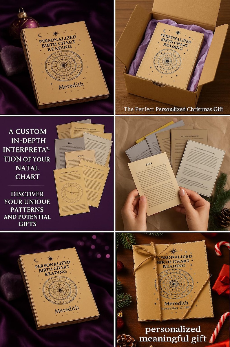 May include: A personalized birth chart reading in a kraft paper box. The box is adorned with a celestial design and the recipient's name. The set includes a detailed natal chart interpretation and is presented as a meaningful gift.