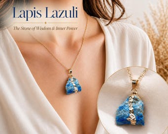 Raw Lapis Lazuli Necklace, Gold Plated Natural Gemstone Pendant