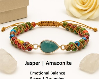 Natural Jasper Beaded Bracelet with Amazonite, Adjustable Gemstone Bracelet Healing Crystal for Emotional Balance, Strength, Positive Energy