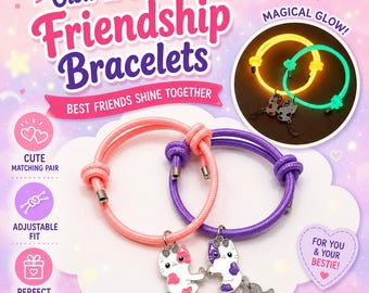 May include: Two adjustable friendship bracelets with pink and purple cord bands. Each bracelet features a metal cat charm with coloured enamel details. The text Glow-in-the-Dark Friendship Bracelets is visible, along with a circular inset showing the bracelets emitting a yellow and green light in the dark. Additional text includes Best Friends Shine Together and Wear it. Share it. Glow together.