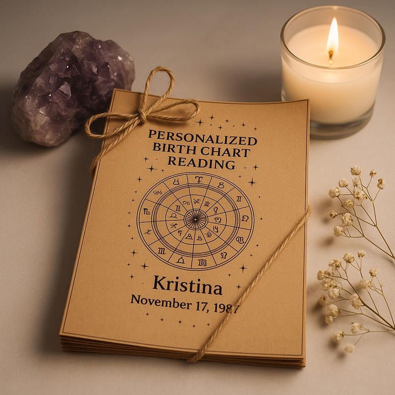 May include: A stack of personalized birth chart readings tied with twine, featuring a circular astrological chart design. The text reads "Kristina, November 17, 1987." A lit candle, a purple crystal, and white flowers are also present.