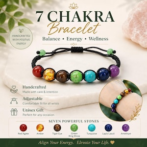May include: A 7 chakra bracelet featuring seven distinct gemstone beads including red agate, amber, tiger eye, green king stone, turquoise, lapis lazuli, and amethyst, strung on a black adjustable cord with two small green accent beads.