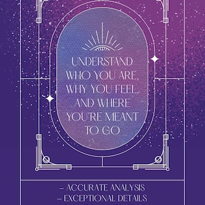 May include: A purple and blue graphic with the text "UNDERSTAND WHO YOU ARE, WHY YOU FEEL, AND WHERE YOU'RE MEANT TO GO." The design includes a decorative frame and the words "ACCURATE ANALYSIS, EXCEPTIONAL DETAILS, EASY TO UNDERSTAND."