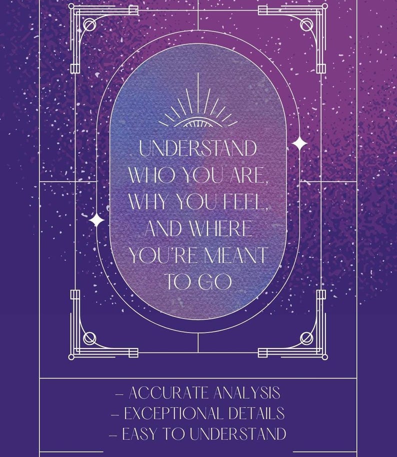 May include: A purple and blue graphic with the text "UNDERSTAND WHO YOU ARE, WHY YOU FEEL, AND WHERE YOU'RE MEANT TO GO." The design includes a decorative frame and the words "ACCURATE ANALYSIS, EXCEPTIONAL DETAILS, EASY TO UNDERSTAND."