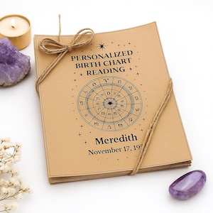 May include: A personalized birth chart reading on tan paper, tied with twine. The chart features a circular zodiac design with astrological symbols. The name "Meredith" and the date "November 17, 195" are printed below the chart.