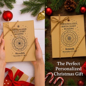 May include: Two beige-colored personalized birth chart readings tied with twine, featuring zodiac wheel designs and names with dates. The image is decorated with Christmas ornaments and greenery, suggesting a holiday gift.