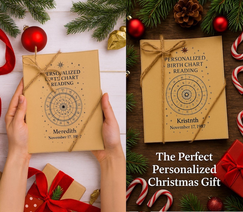 May include: Two beige-colored personalized birth chart readings tied with twine, featuring zodiac wheel designs and names with dates. The image is decorated with Christmas ornaments and greenery, suggesting a holiday gift.