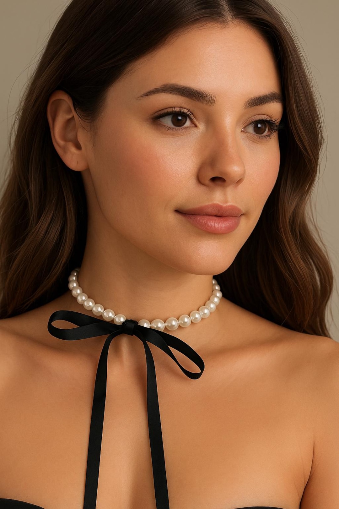 French Elegant Faux Pearl Choker Necklace With Black Bowknot