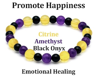Bracelet for Emotional Healing – Alleviate Sadness and Promote Happiness, Citrine Amethyst Black Onyx, Jewelry for Positivity, Calming Gift