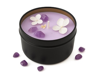 Lavender Amethyst Candle for Stress Relief & Relaxation | Crystal Healing Candle | Handmade Calming Candle Gift for Mom, Friend, Self-Care