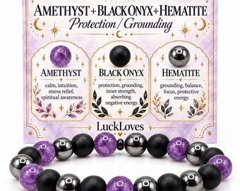 May include: A beaded bracelet featuring alternating round amethyst, matte black onyx, and metallic hematite beads. Behind the bracelet is a square display card titled Amethyst + Black Onyx + Hematite Protection / Grounding with LuckLoves branding.