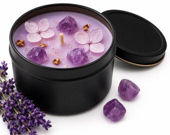 Lavender Amethyst Candle for Stress Relief & Relaxation | Crystal Healing Candle | Handmade Calming Candle Gift for Mom, Friend, Self-Care