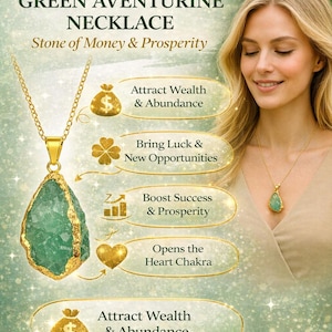 K&ouml;nnte beinhalten: Eine gr&uuml;ne Aventurin-Halskette mit goldener Kette und Anh&auml;nger. Der Anh&auml;nger ist ein grob geschnittener, tropfenf&ouml;rmiger gr&uuml;ner Stein mit goldenen R&auml;ndern. Der Text lautet "GREEN AVENTURINE NECKLACE" und "Stone of Money & Prosperity".