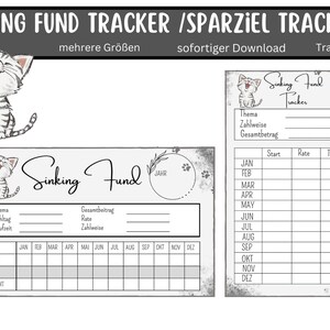 Op de afbeelding: Een printbare spaarplan-tracker met een schattige kattenillustratie. De tracker bevat secties voor het thema, het betalingsschema, het totale bedrag en een maandelijkse kalender om besparingen bij te houden.